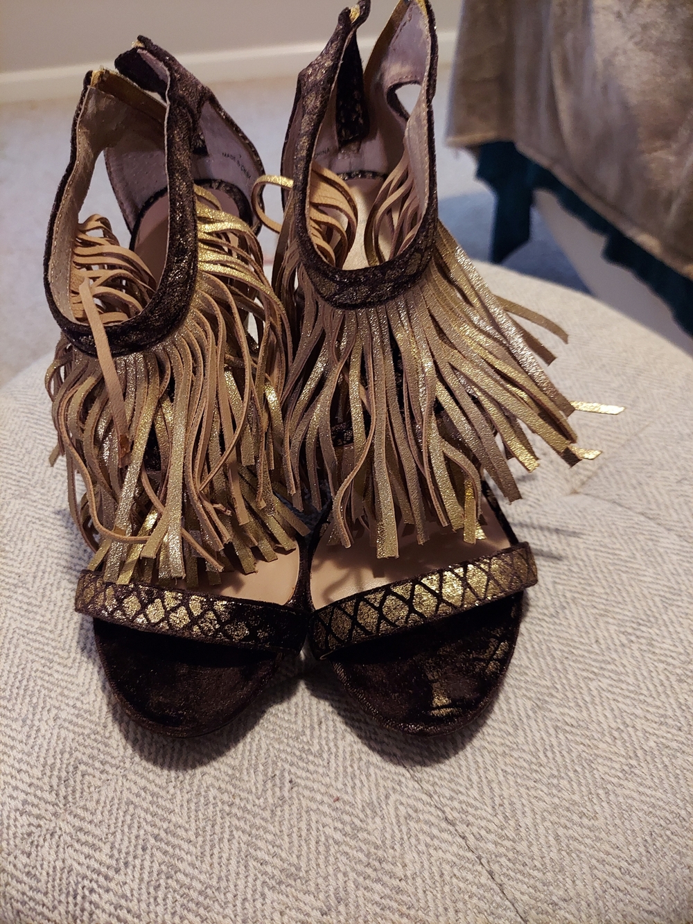 bebe Gold and Black Fringe Heeled Sandals